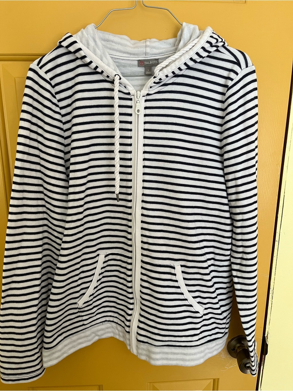 Talbots White & Navy Striped Zip Hoodie